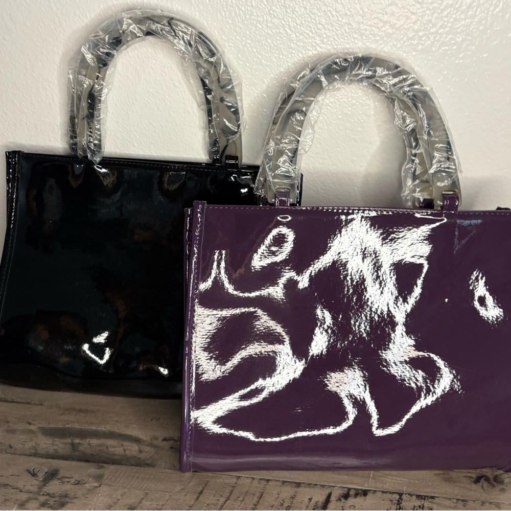 TWO Neiman Marcus Patent/PVC Resin Handle Tote Bags - never worn